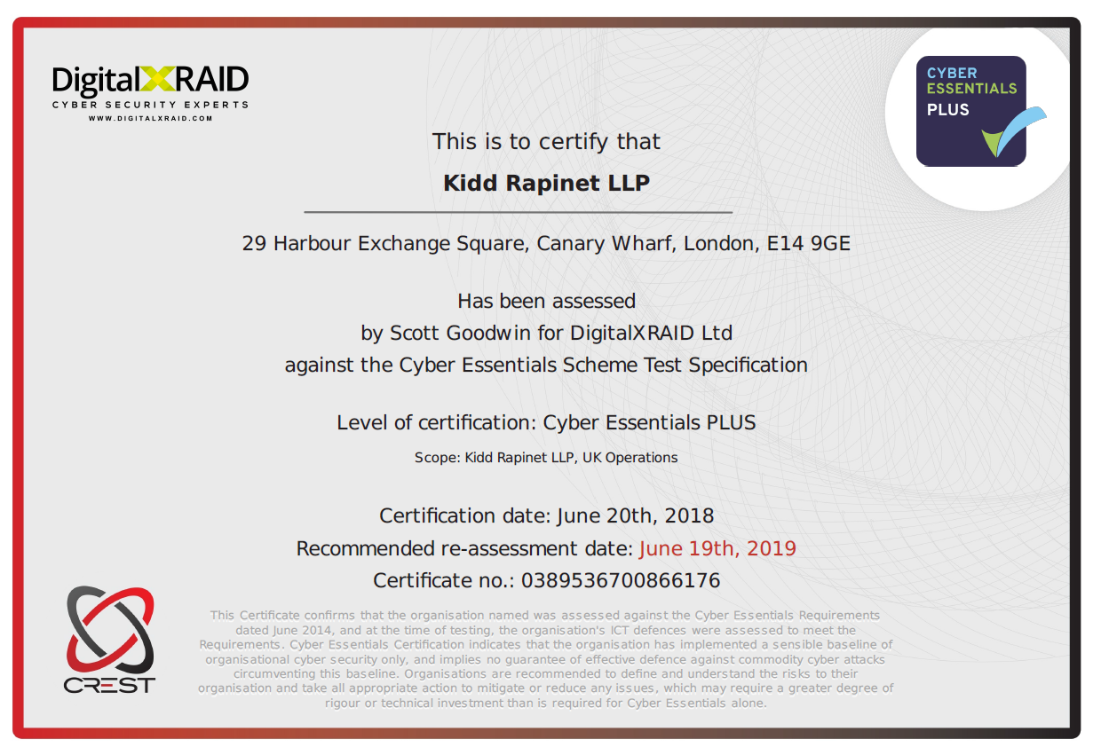 Kidd Rapinet R Government Cyber Essentials | Accreditation achievement